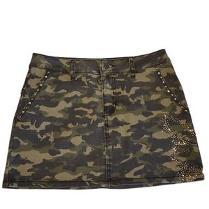 PLAYBOY Rhinestone Bunny Logo Camouflage Jean Mini Skirt